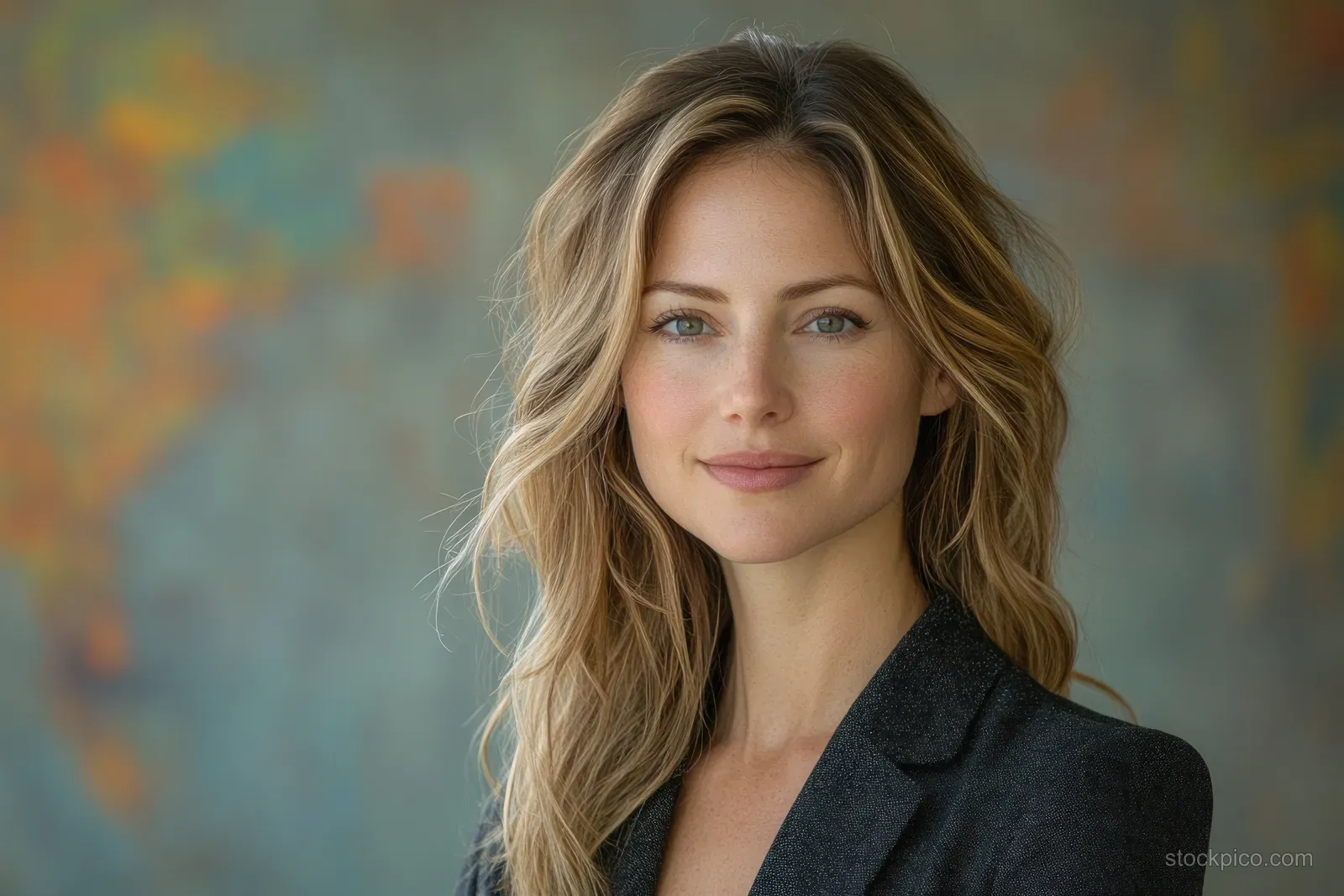 Smiling businesswoman in a dark blazer standing in a softly lit office hallway with blurred background.