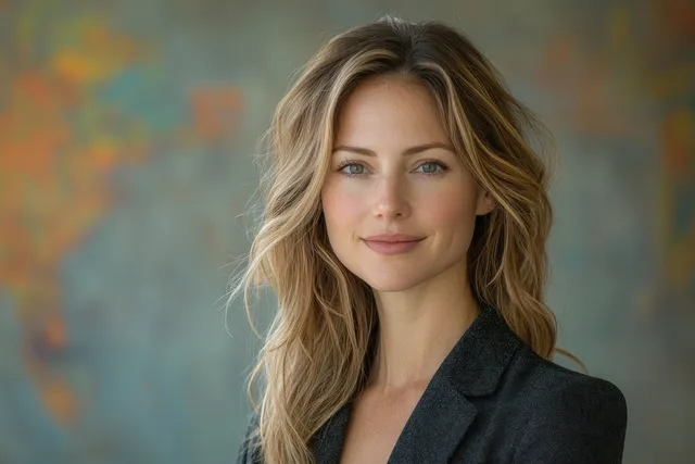 Confident smiling businesswoman in a dark blazer in a softly lit office hallway