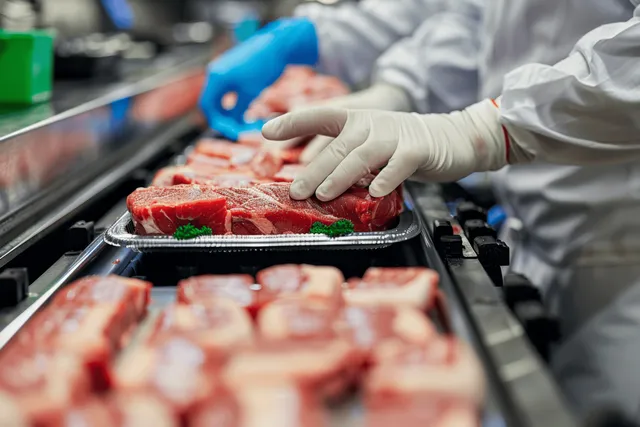 Gloved worker hand places raw meat portions into a tray on a conveyor belt in a meat processing facility.