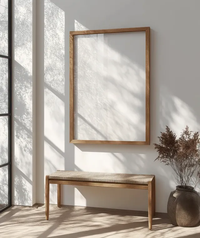 Minimalist wooden photo frame on light wall with soft sunlit shadows