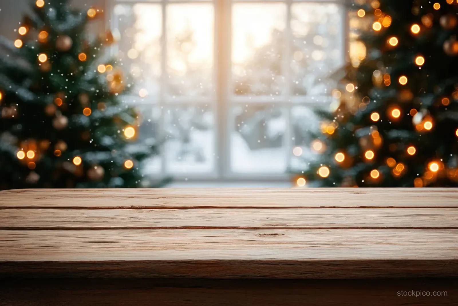 Wooden tabletop in front of a frosted window with softly blurred Christmas tree lights glowing outside.