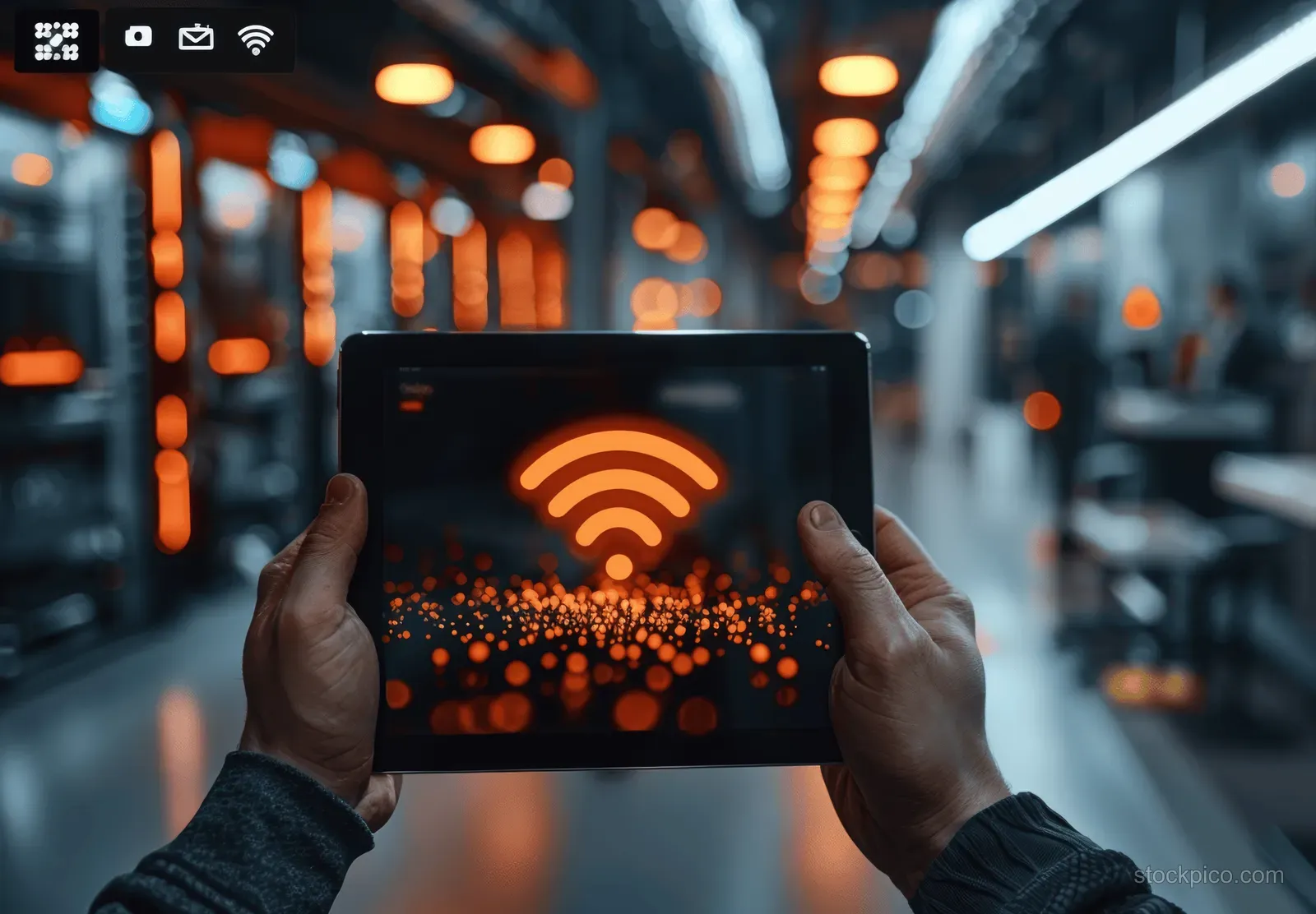 A man holds a tablet displaying a loading bar and secure Wi‑Fi icon in a server room corridor.