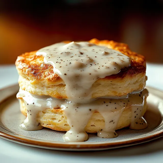 Fluffy golden biscuits stacked on a plate, topped with creamy sausage gravy and pepper specks