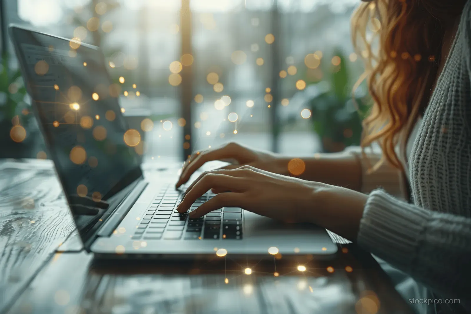 Woman’s hands typing on a laptop keyboard at a desk with warm bokeh lights in the background.