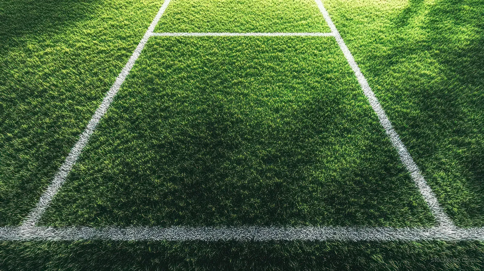 Sunlit green sports turf with crisp white painted lines forming a rectangular boundary section.