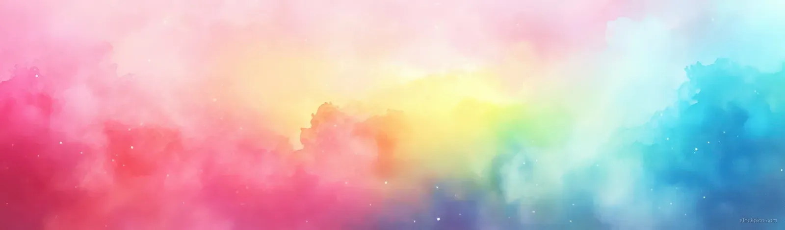 Pastel watercolor sunset sky with softly blended puffy clouds in pink, blue, green, yellow, and purple hues.