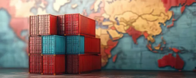 Red and blue shipping containers stacked together in front of a blurred world map.