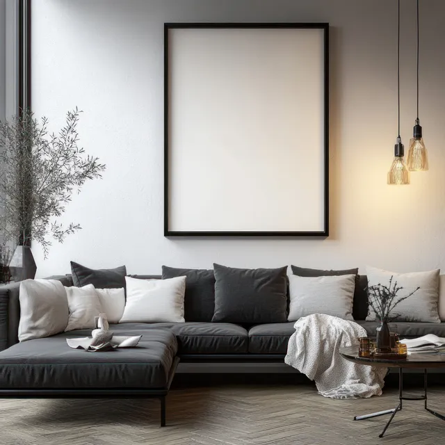 Minimal Scandinavian living room with sofa, large empty frame, and warm hanging lights
