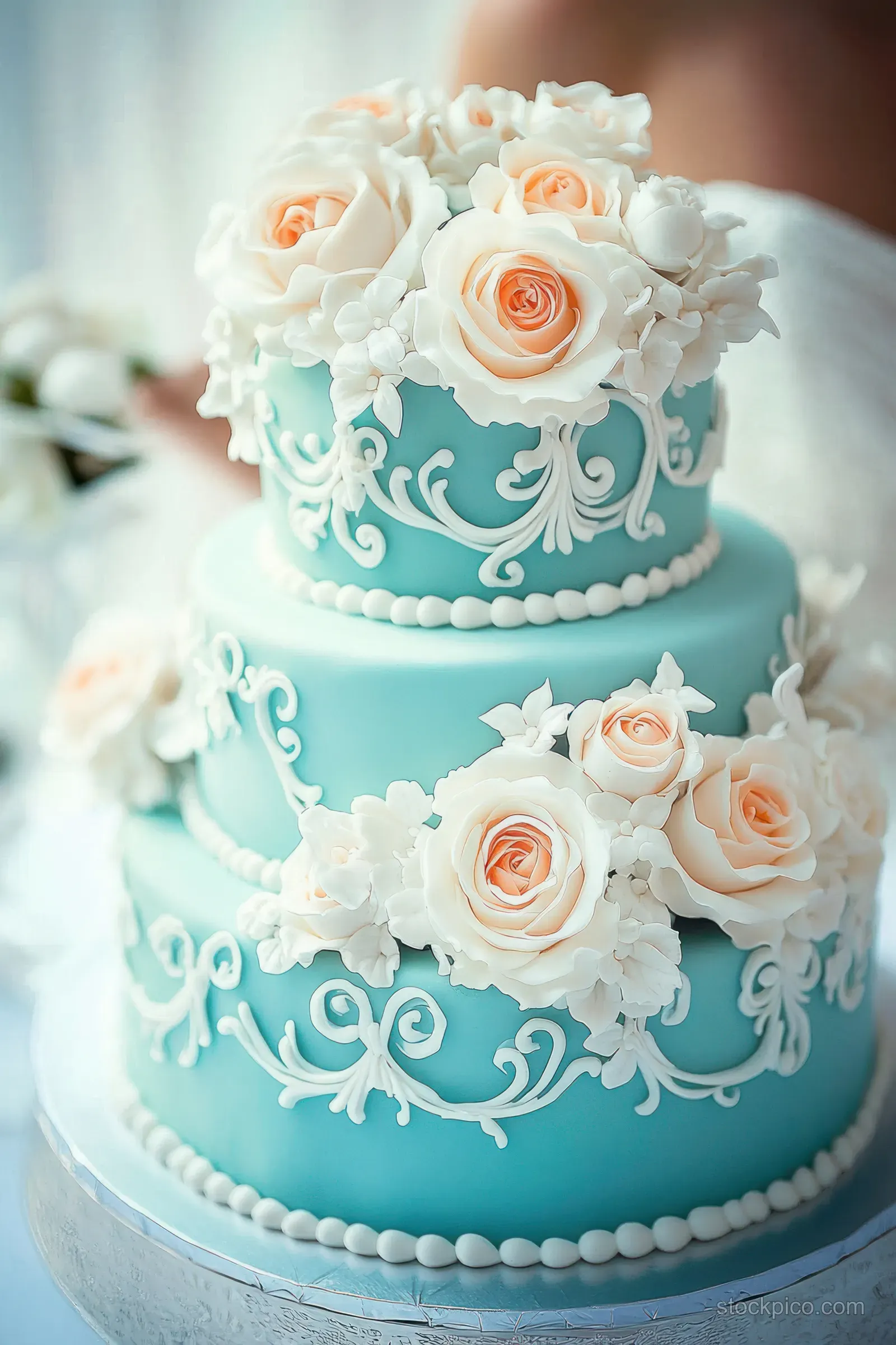 Three-tier blue wedding cake decorated with white floral swirls and light pink sugar roses on each layer.
