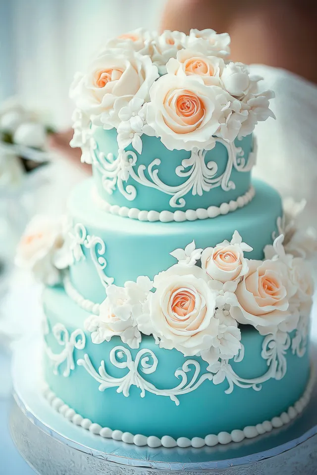 Three-tier blue wedding cake decorated with white floral swirls and light pink sugar roses on each layer.
