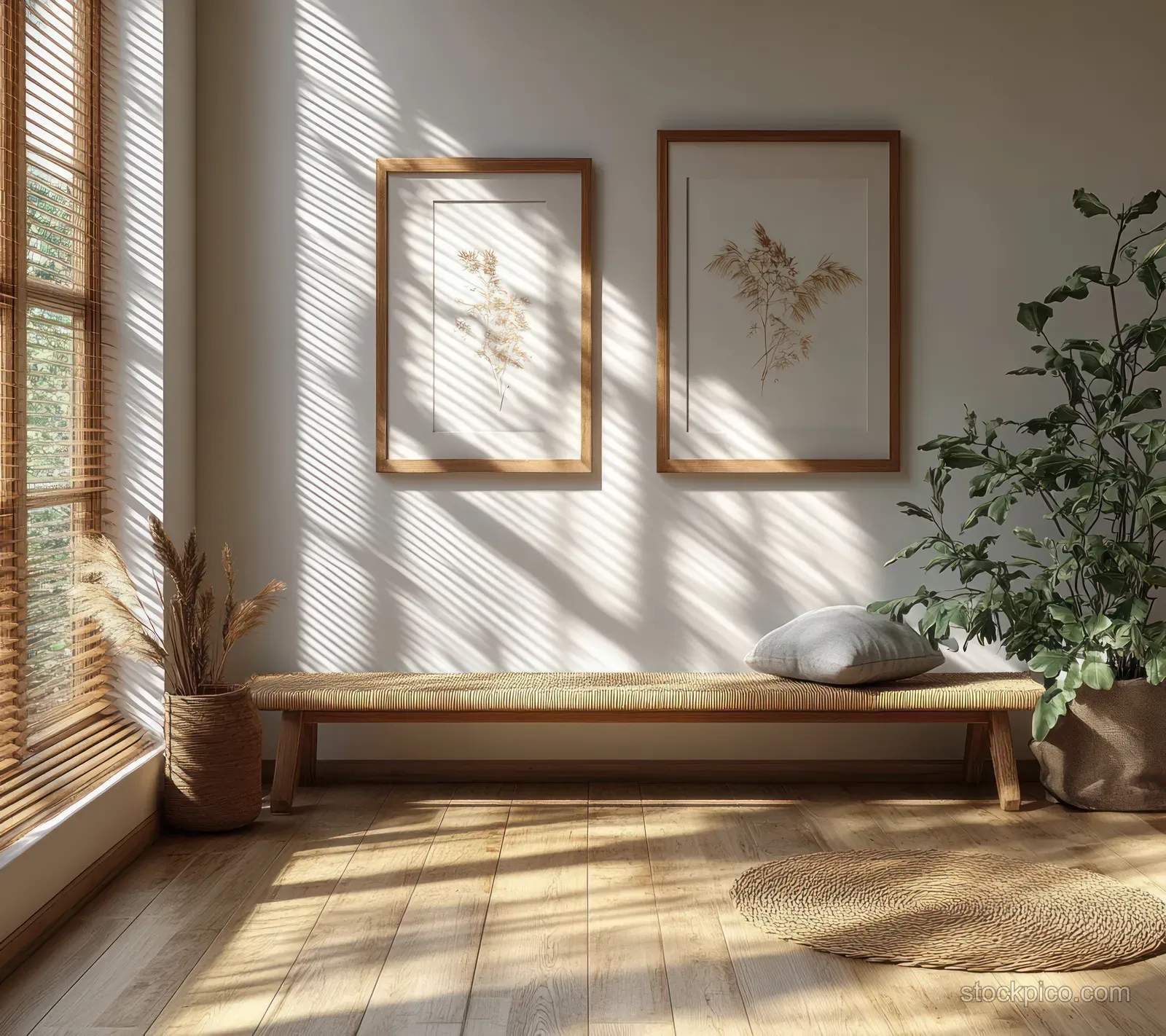 Two empty framed artworks hang on a white wall with sunlit blind shadows and a small bench below.