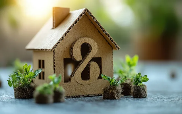 Cardboard house model on a gray surface with a percentage symbol cutout behind it.