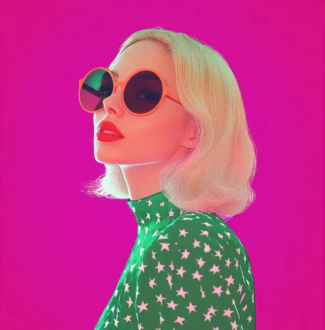 Platinum blonde woman posing in oversized round sunglasses against vibrant magenta backdrop