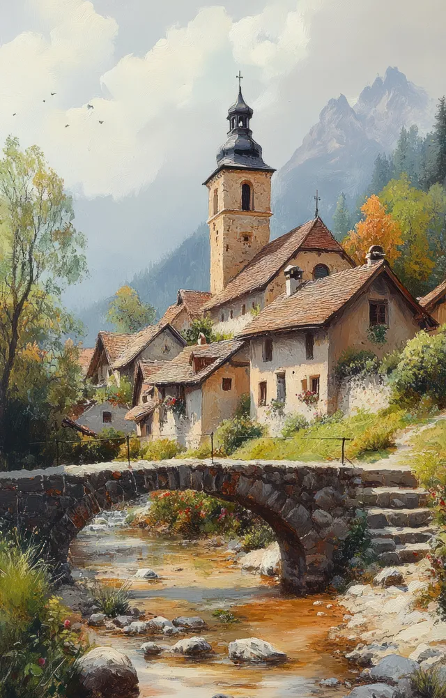 Watercolor village with church tower, stone bridge, and hillside cottages