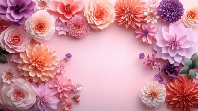 Pink, peach, and purple paper flowers arranged in a border around a soft pink center background.