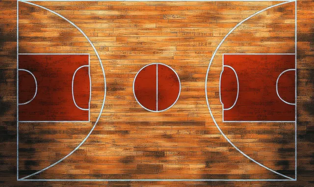 Minimalist wooden basketball court diagram with symmetric overhead markings and white center line