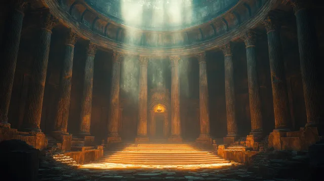 Roman hall interior with rows of columns surrounding a central marble stage illuminated by warm torchlight.