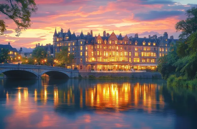 A lit historic manor sits by a calm river at sunset, with a stone bridge and colorful reflections on the water.