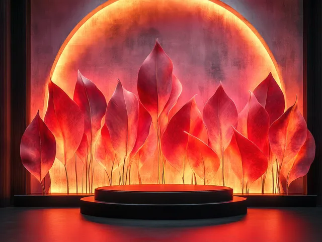 Abstract flame sculptures rising behind a glossy black circular podium on a dark stage