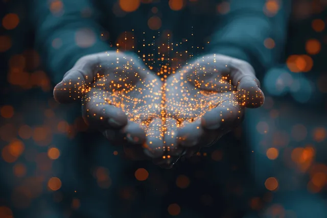 Hands holding glowing network nodes, symbolizing HR training, leadership, and global connection