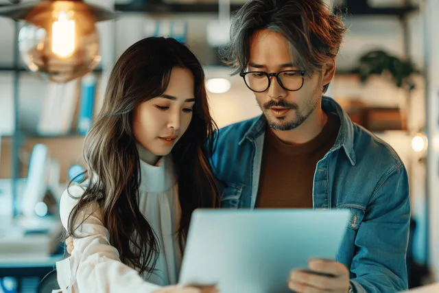 Two young professionals collaborate over a laptop in a modern office with warm desk lighting