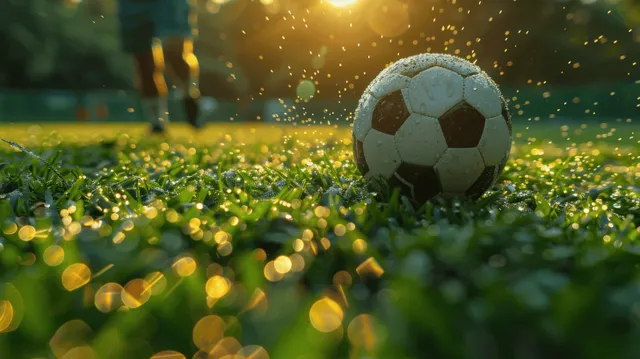 A soccer ball sits on sunlit green grass with warm bokeh stadium lights behind it.