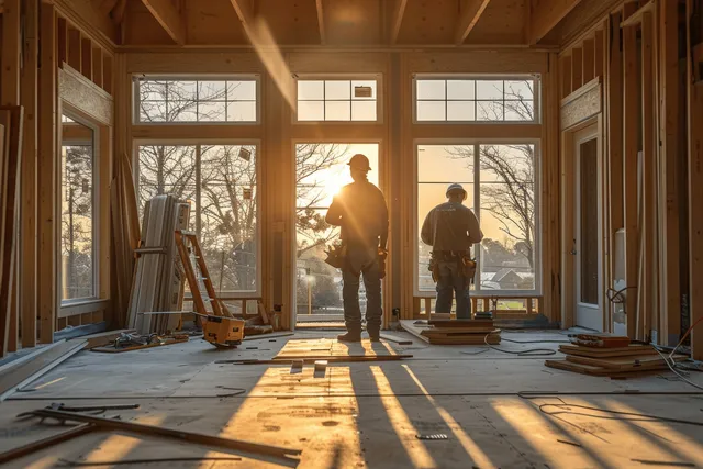 Carpenters install window frames and door components inside a farmhouse room lit by golden sunlight.