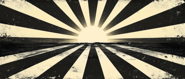 Black and white sunburst rays radiate from a bright center over a gritty distressed grunge background.