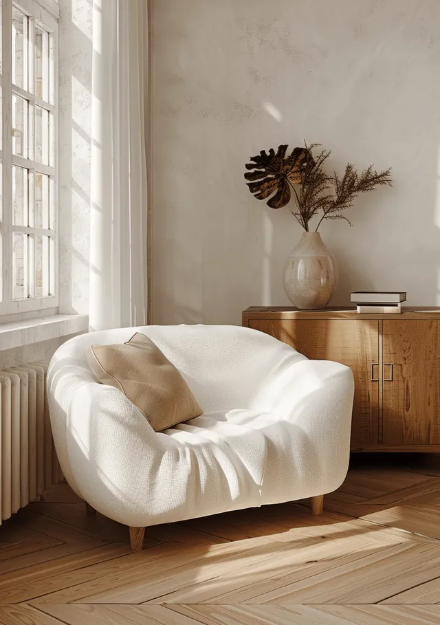 Sunlit coastal living room with white barrel sofa, parquet floor, leaf vase on sideboard
