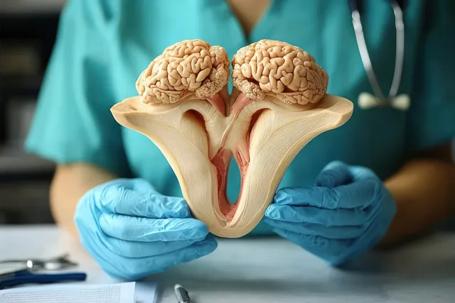 A doctor in blue gloves holds a detailed anatomical brain model with visible hemispheres and brainstem.