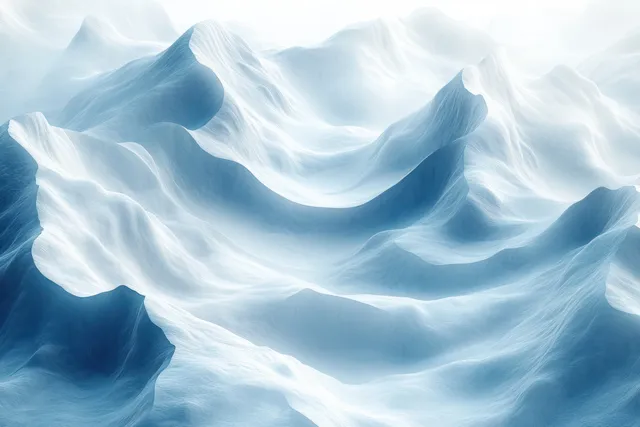 Snowy landscape with smooth flowing ridges over isolated icy hills under pale daylight.