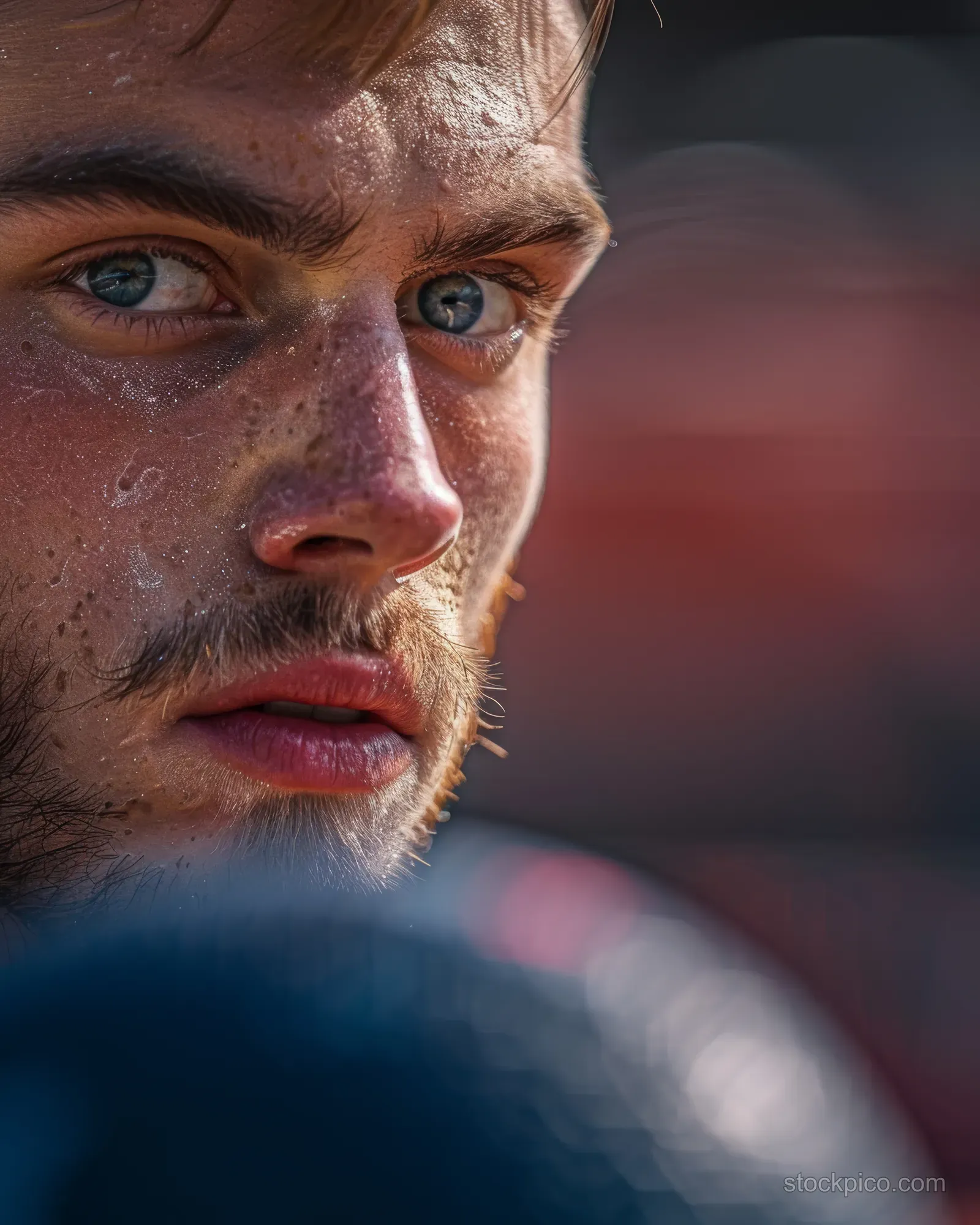 A focused Russian shot put athlete prepares in a stadium, sweat visible and grip tightened under warm lights.