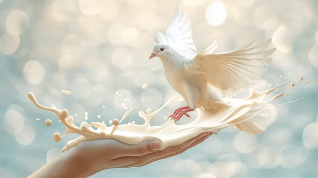 A white dove perched on an open hand against a soft blue bokeh background with light sparkles.