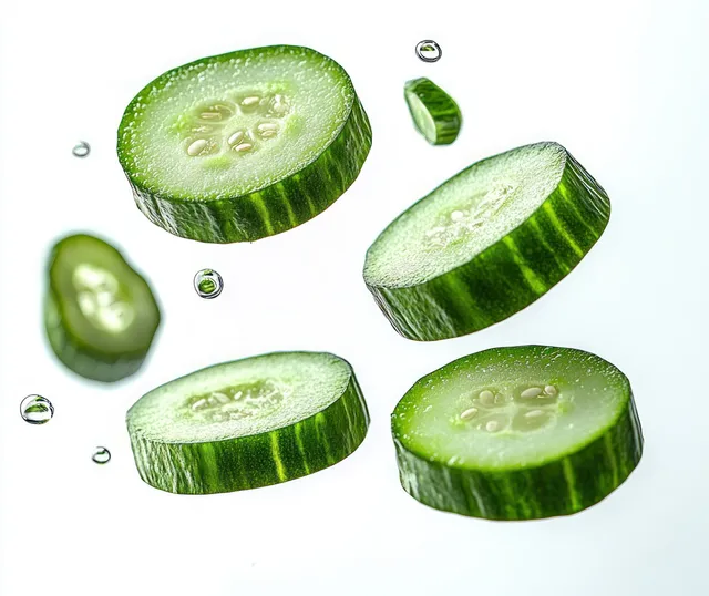 Green cucumber slices suspended in water droplets on white background with crisp texture