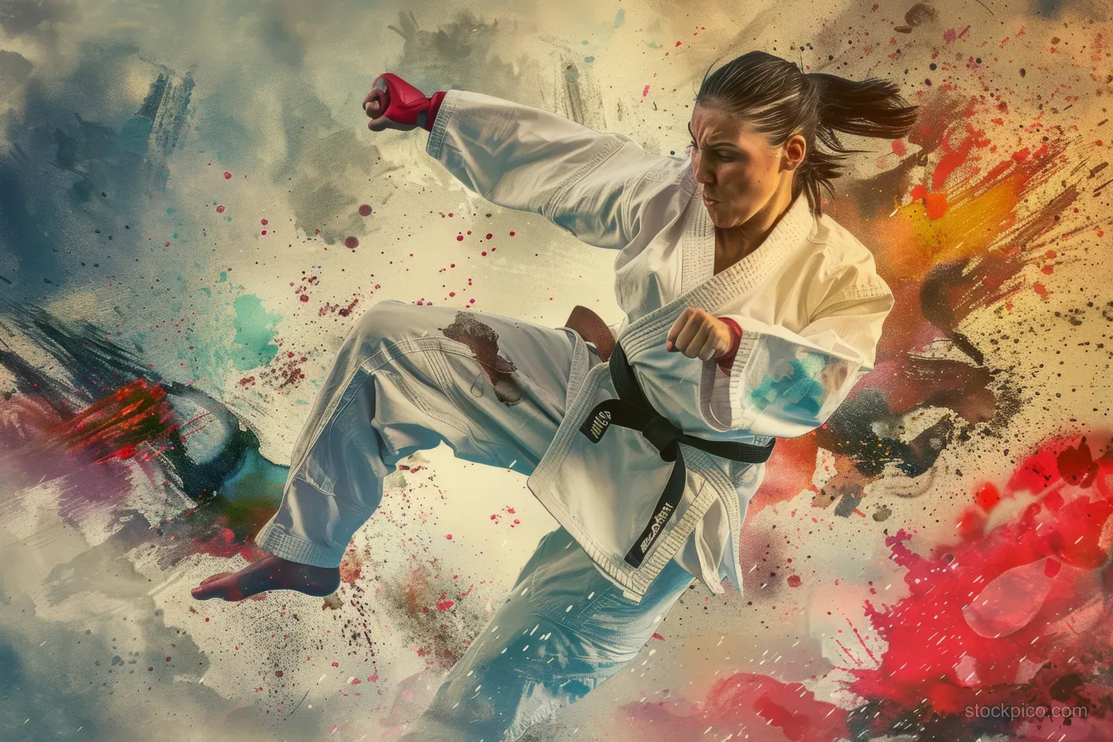 Italian female karateka in a karate gi delivers a high kick during kumite, with colorful motion splashes around her.
