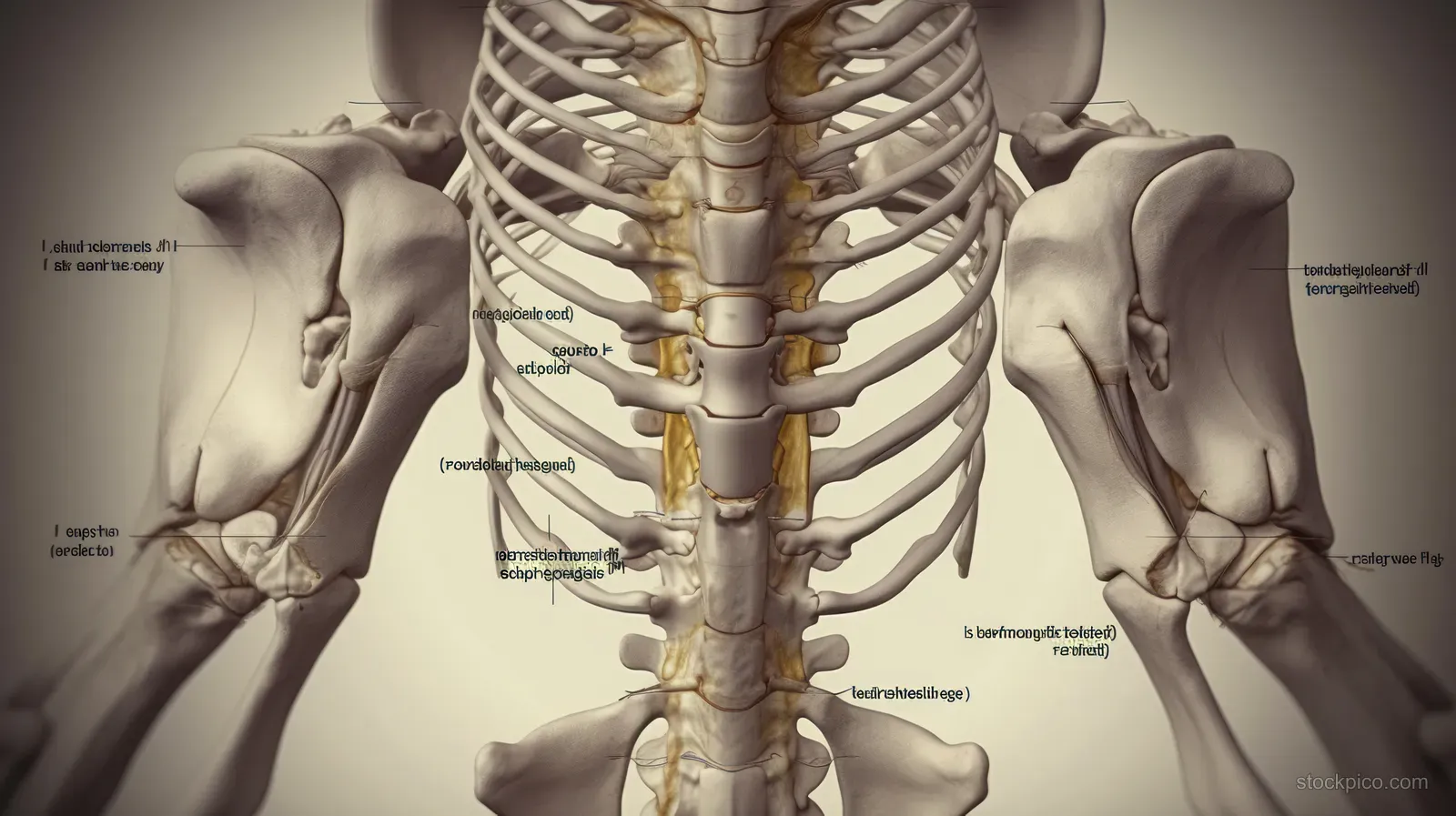 Labeled anatomical illustration of the human pelvis and spine shown in a symmetrical posterior view.
