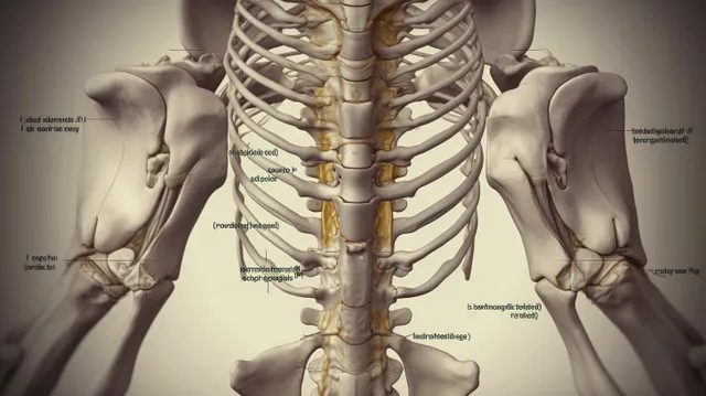 Labeled anatomical illustration of the human pelvis and spine shown in a symmetrical posterior view.