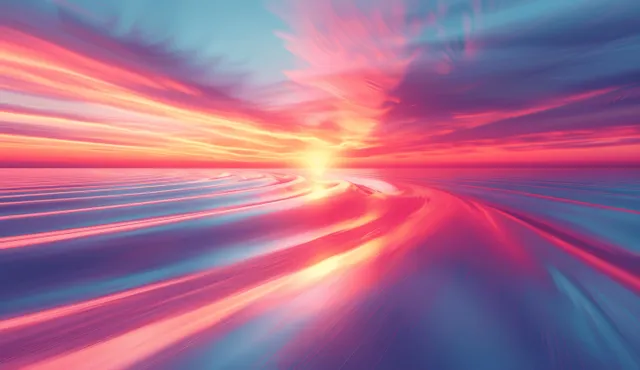 Futuristic abstract landscape with glowing curved light trails and a glowing horizon line