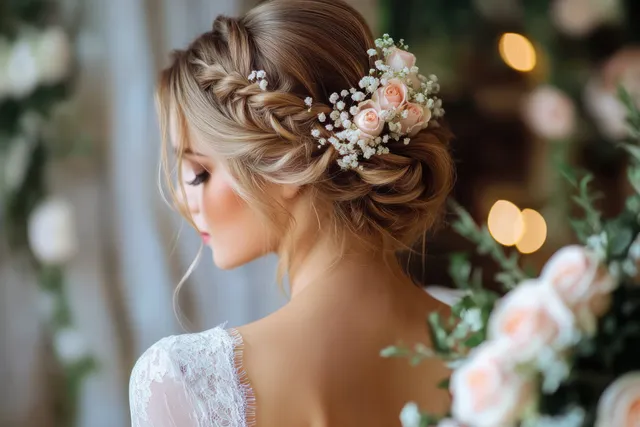Bride in profile wears an intricate braided updo with small rose flowers and pearls in warm wedding lighting.