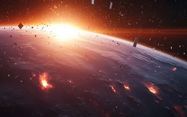 Satellites and fragments of space debris orbit Earth beneath a dramatic sunset horizon.