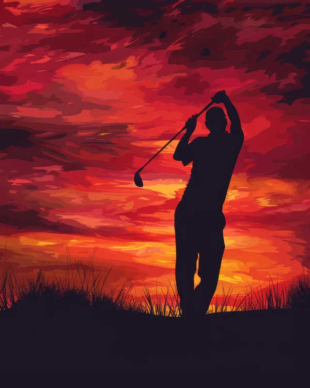 Silhouette golfer swings on a golf course at sunset with a USA flag against a red-orange sky.