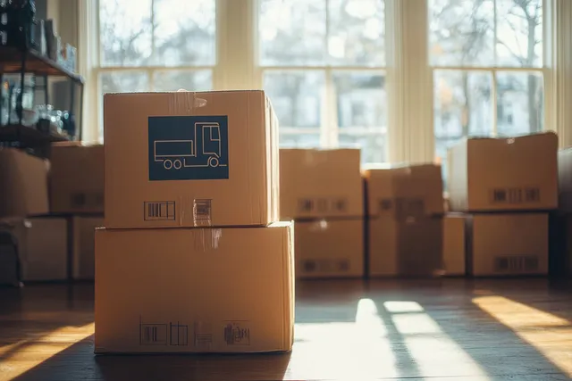 Sunlit wooden-floor room with stacked cardboard shipping boxes and long window-cast shadows.