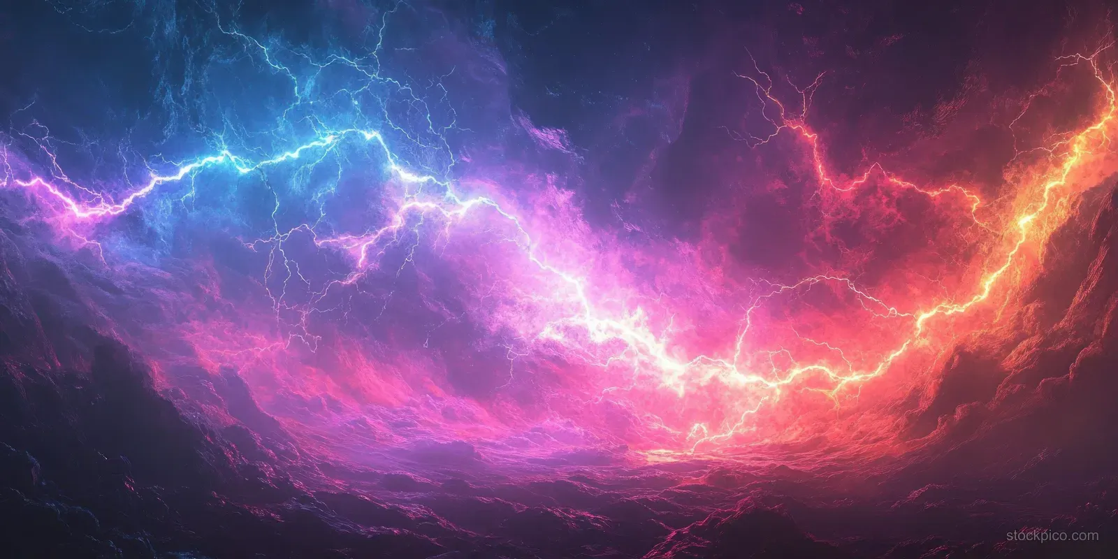 Colorful lightning bolts and glowing plasma clouds swirl across a dark cosmic night sky.