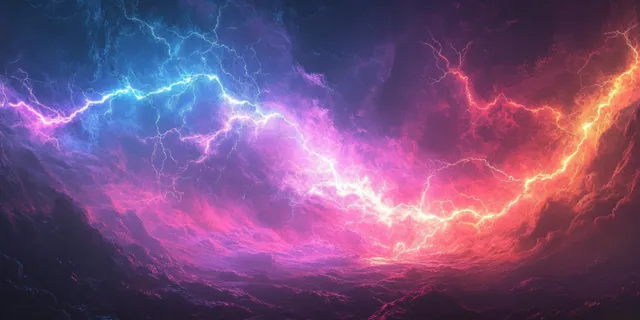 Cosmic storm lightning bolts swirl across a night sky with glowing rainbow plasma clouds
