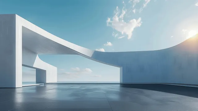 Empty black floor stretches toward curved concrete openings in a futuristic architectural 3D render under a blue sky.