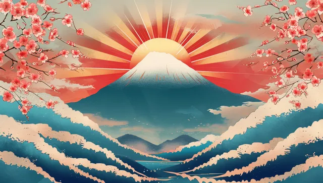 Mount Fuji under sunburst rays with cherry blossoms and layered sea waves