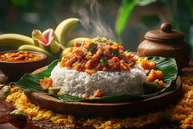 Steaming rice topped with spiced vegetable curry on a banana leaf beside earthenware bowls in a green setting.