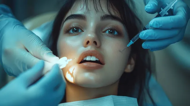 Gloved dentist hands hold dental tools and syringe near a patient’s open mouth during an exam in a clinic.