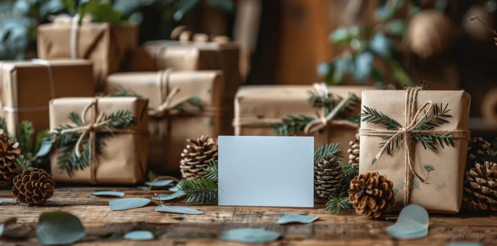 Empty greeting card rests beside craft-wrapped gift boxes with pinecones and leaf decorations on a wooden table.