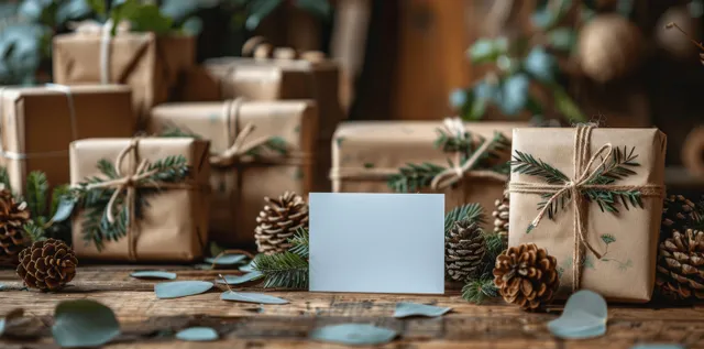Empty greeting card beside craft-wrapped gift boxes with pinecones and leaf sprigs on wood